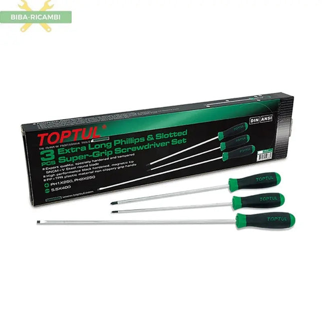Set di 3 cacciaviti extra lunghi a taglio e a croce con impugnatura super-grip TOPTUL